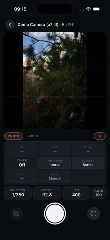 The settings panel open above the exposure controls, showing white balance, flash, drive, timer, timelapse and bracketing.